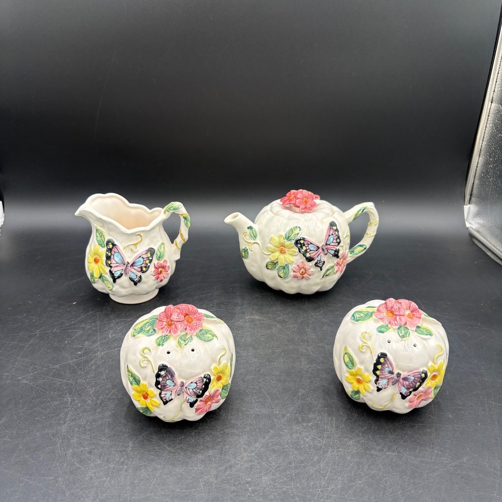 Tilco Japan Tea Set 4pc Small White Butterfly Floral Vtg Cottagecore